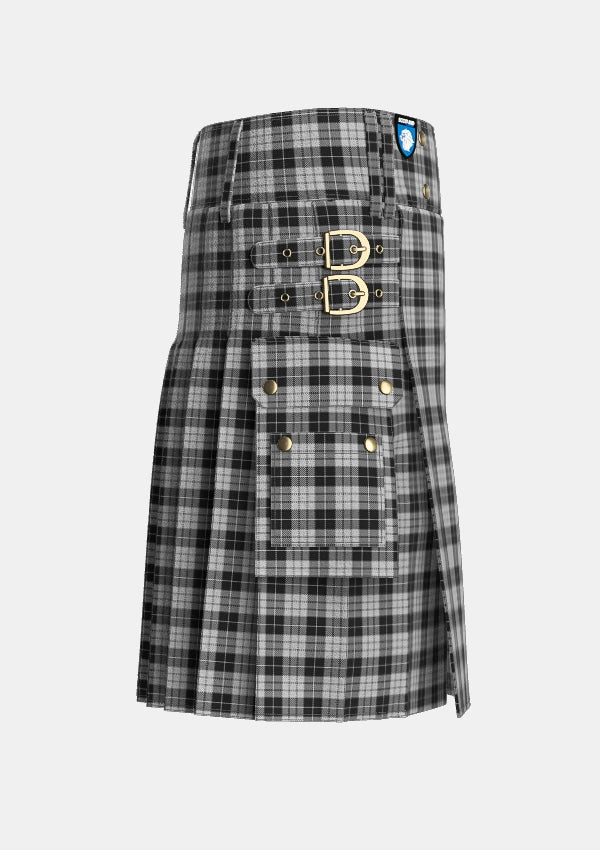 Utility_MacLeod_1906_Black_White_Tartan_1828_kilt_right_image_with_pleated_design_and_adjustable_buckles_for_men
