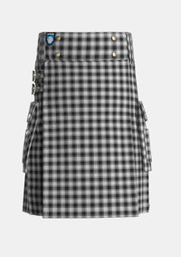 Utility_MacPhee_Black_and_White_Tartan_1252_kilt_front_image_with_pleated_design_and_adjustable_buckles_for_men