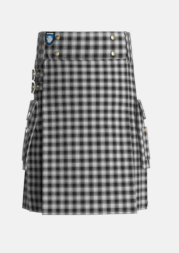 Utility_MacPhee_Black_and_White_Tartan_1252_kilt_front_image_with_pleated_design_and_adjustable_buckles_for_men