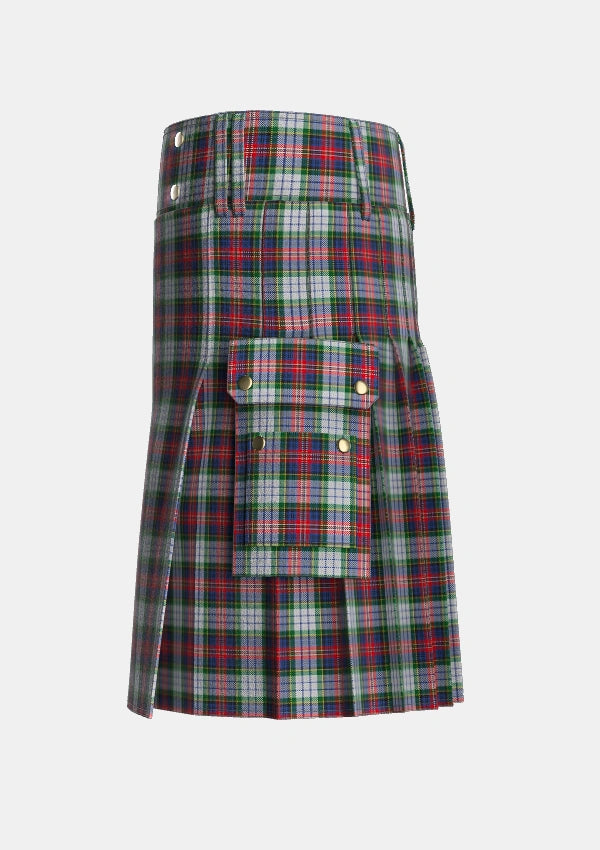 Utility_MacPherson_Dress_Tartan_1615_kilt_left_image_with_pleated_design_and_adjustable_buckles_for_men