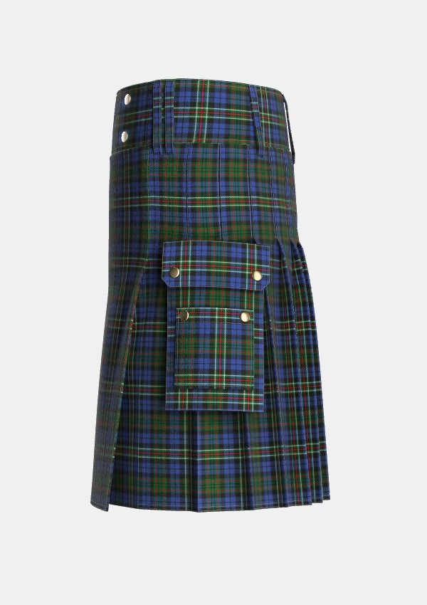 Utility_MacRae_Hunting_4_Tartan_799_kilt_left_image_with_pleated_design_and_adjustable_buckles_for_men