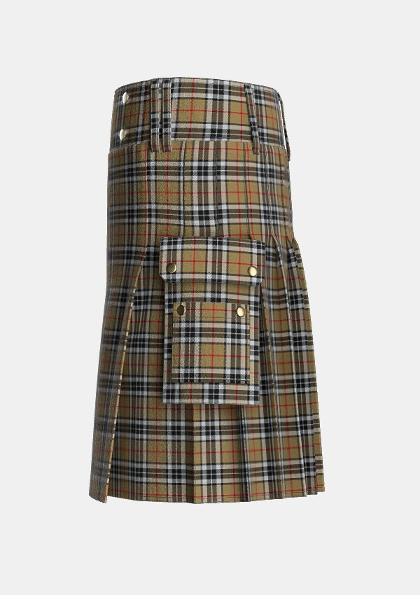 Utility_MacTavish_Thompson_Thomson_Camel_Tartan_2421_kilt_left_image_with_pleated_design_and_adjustable_buckles_for_men