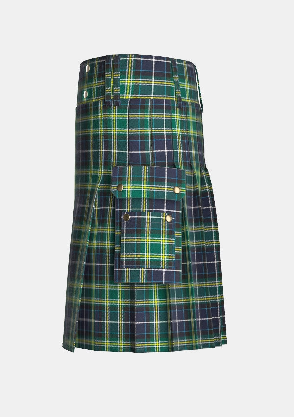 Utility_Mackellar_tartan_939_kilt_left_image_with_pleated_design_and_adjustable_buckles_for_men