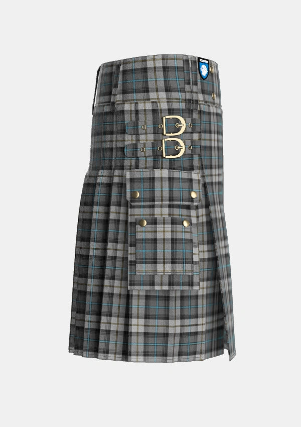 Utility_McCandlish_Dress_Grey_Tartan_3327_kilt_right_image_with_pleated_design_and_adjustable_buckles_for_men