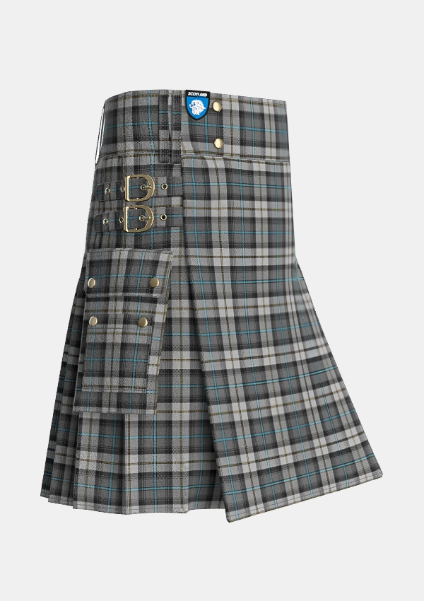 Utility_McCandlish_Dress_Grey_Tartan_3327_kilt_side_image_with_pleated_design_and_adjustable_buckles_for_men