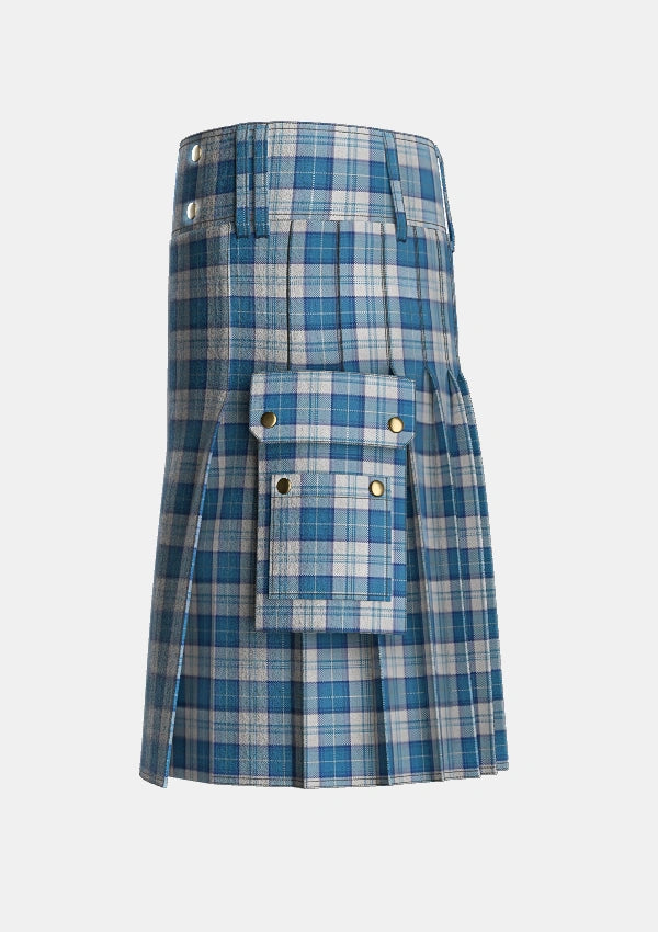 Utility_Menzies_Dress_Blue_White_Tartan_1756_kilt_left_image_with_pleated_design_and_adjustable_buckles_for_men