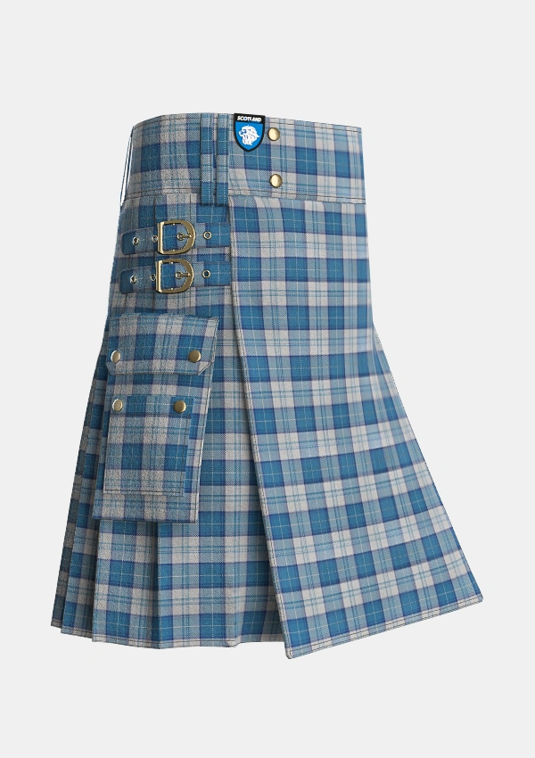 Utility_Menzies_Dress_Blue_White_Tartan_1756_kilt_side_image_with_pleated_design_and_adjustable_buckles_for_men
