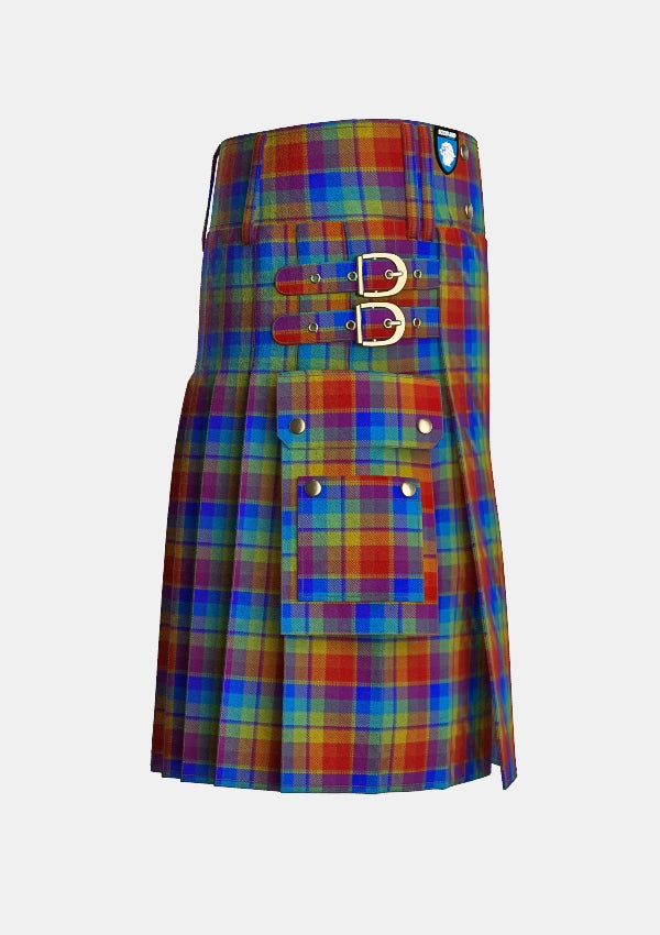 Utility_Rainbow_tartan_2675_kilt_right_image_with_pleated_design_and_adjustable_buckles_for_men