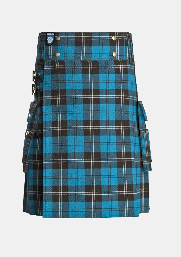 Utility_Ramsay_Blue_tartan_259_kilt_front_image_with_pleated_design_and_adjustable_buckles_for_men