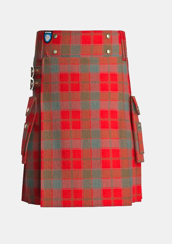 Utility_Robertson_Red_Weathered_Tartan_kilt_front_image_with_pleated_design_and_adjustable_buckles_for_men