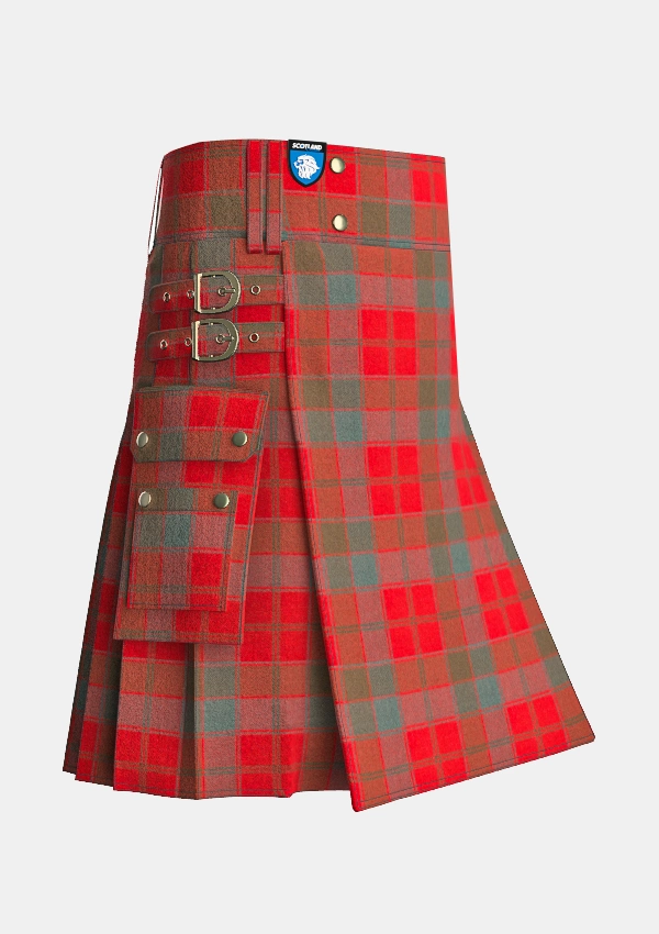 Utility_Robertson_Red_Weathered_Tartan_kilt_side_image_with_pleated_design_and_adjustable_buckles_for_men