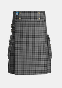Utility_Scott_Black_and_Grey_Tartan_1287_kilt_front_image_with_pleated_design_and_adjustable_buckles_for_men
