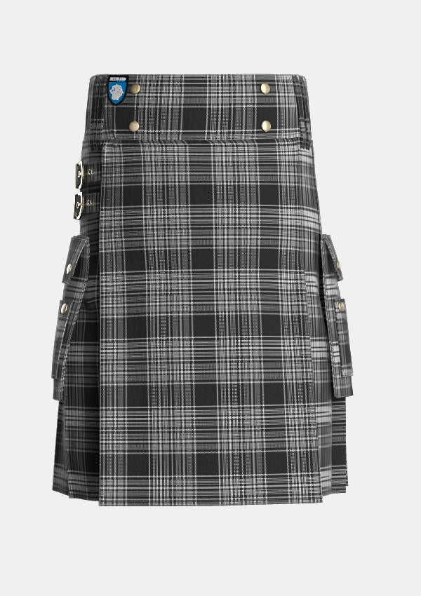 Utility_Scott_Black_and_White_Tartan_1245_kilt_front_image_with_pleated_design_and_adjustable_buckles_for_men