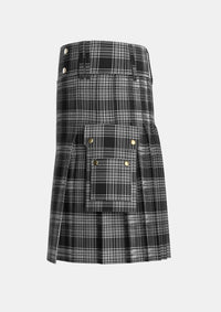 Utility_Scott_Black_and_White_Tartan_1245_kilt_left_image_with_pleated_design_and_adjustable_buckles_for_men