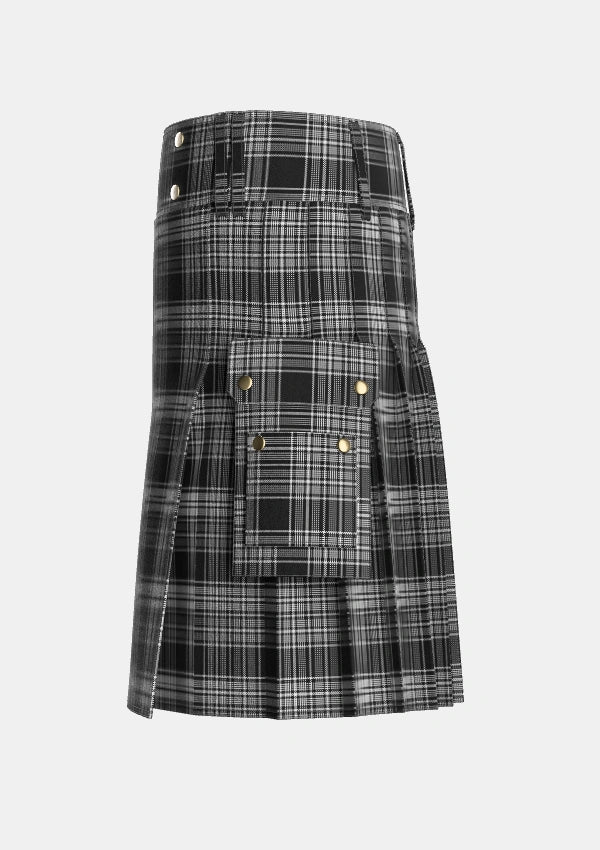 Utility_Scott_Black_and_White_Tartan_1245_kilt_left_image_with_pleated_design_and_adjustable_buckles_for_men