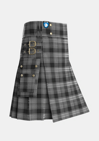 Utility_Scott_Black_and_White_Tartan_1245_kilt_side_image_with_pleated_design_and_adjustable_buckles_for_men