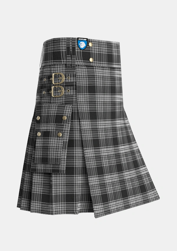 Utility_Scott_Black_and_White_Tartan_1245_kilt_side_image_with_pleated_design_and_adjustable_buckles_for_men