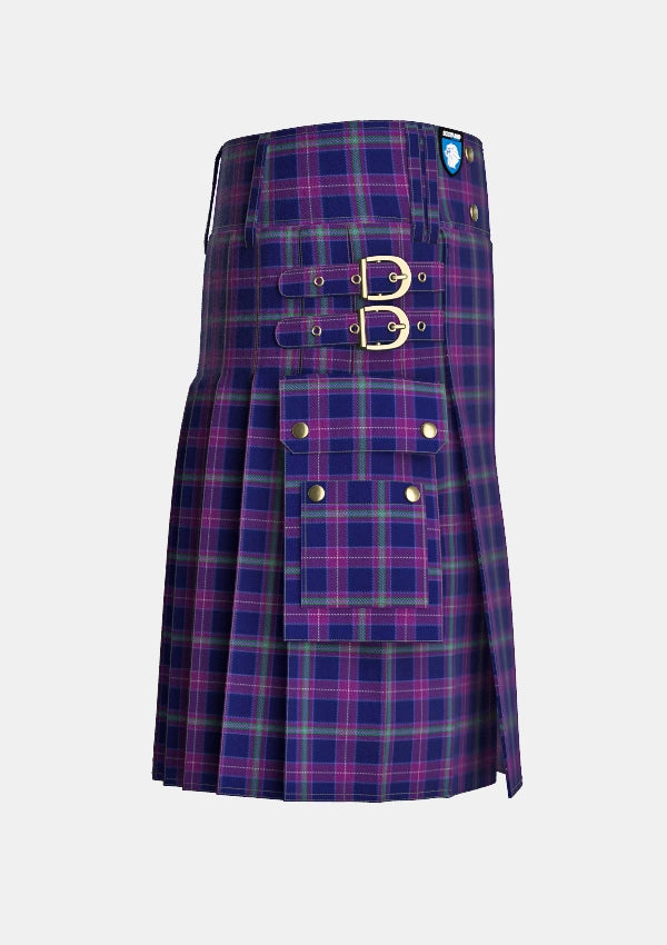 Utility_Scottish_Heather_tartan_3909_kilt_right_image_with_pleated_design_and_adjustable_buckles_for_men