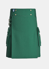 Utility_Solid_Green_Tartan_kilt_front_image_with_pleated_design_and_adjustable_buckles_for_men