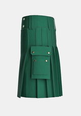 Utility_Solid_Green_Tartan_kilt_left_image_with_pleated_design_and_adjustable_buckles_for_men