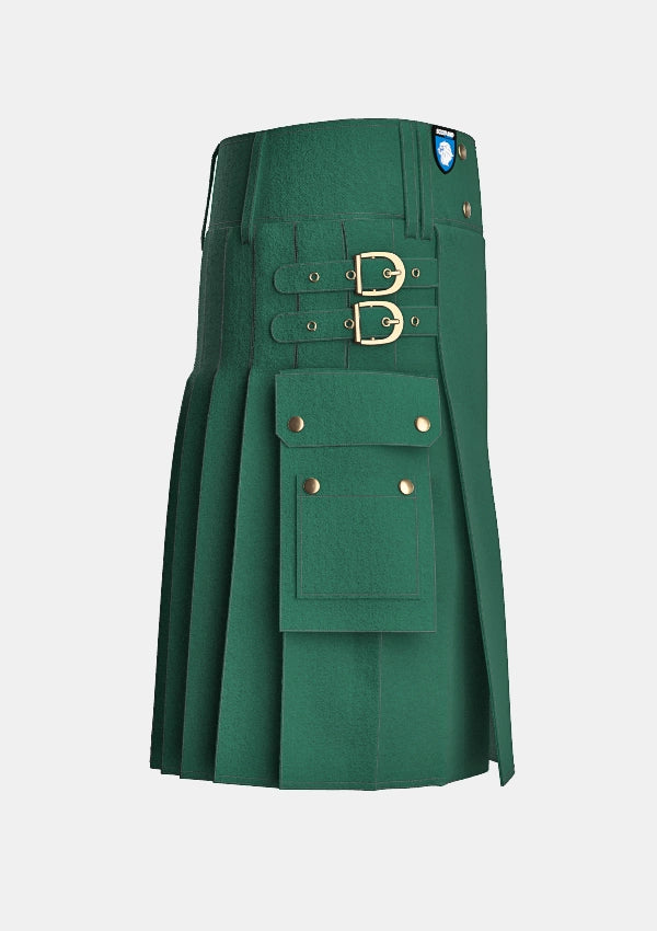 Utility_Solid_Green_Tartan_kilt_right_image_with_pleated_design_and_adjustable_buckles_for_men
