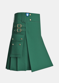 Utility_Solid_Green_Tartan_kilt_side_image_with_pleated_design_and_adjustable_buckles_for_men