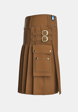 Utility_Solid_Light_Brown_Tartan_kilt_right_image_with_pleated_design_and_adjustable_buckles_for_men