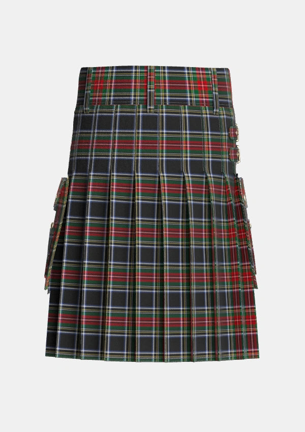 Utility_Stewart_Black_3_Tartan_1073_kilt_back_image_with_pleated_design_and_adjustable_buckles_for_men