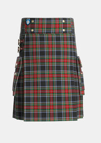 Utility_Stewart_Black_3_Tartan_1073_kilt_front_image_with_pleated_design_and_adjustable_buckles_for_men
