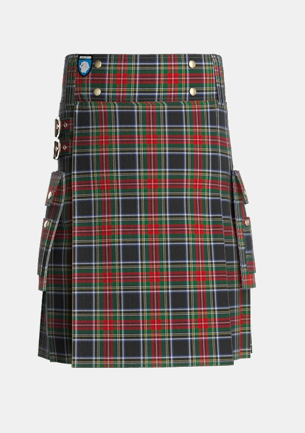 Utility_Stewart_Black_3_Tartan_1073_kilt_front_image_with_pleated_design_and_adjustable_buckles_for_men