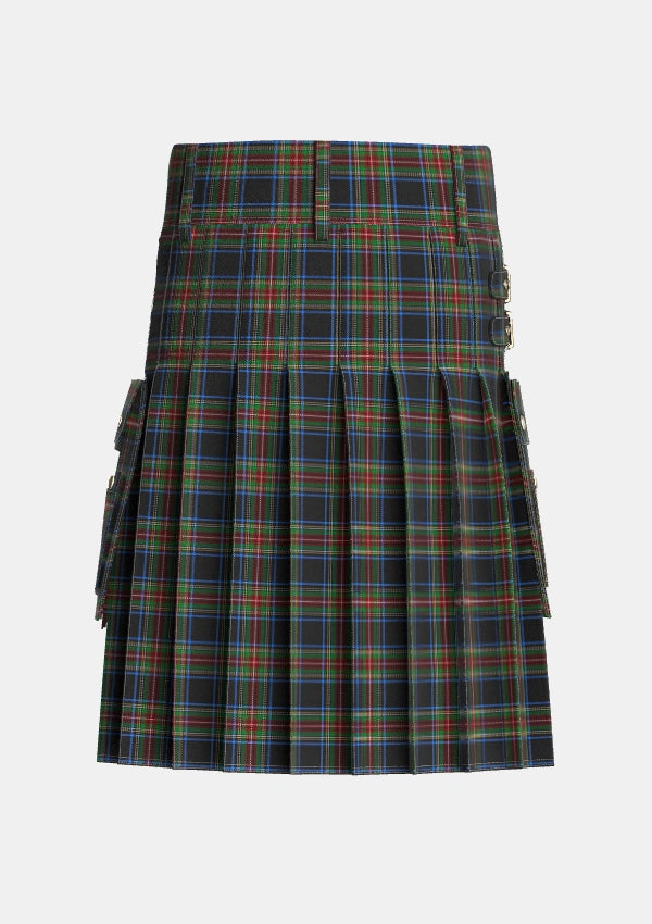 Utility_Stewart_Black_Tartan_1061_kilt_back_image_with_pleated_design_and_adjustable_buckles_for_men