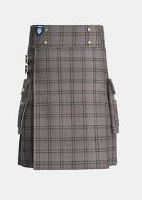 Utility_Stewart_Grey_tartan_1632_kilt_front_image_with_pleated_design_and_adjustable_buckles_for_men