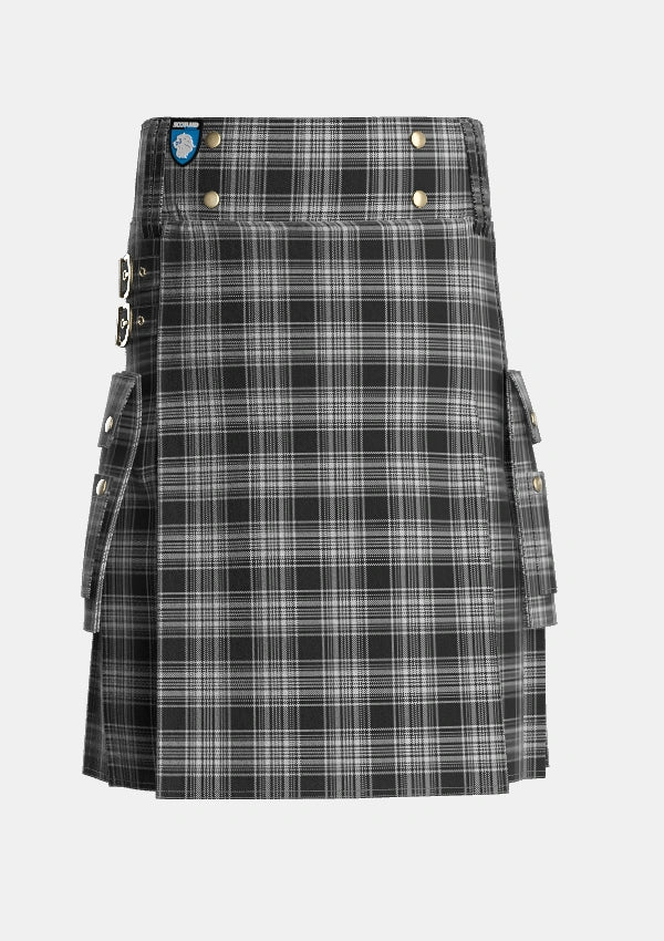 Utility_Stewart_Mourning_3_Tartan_1247_kilt_front_image_with_pleated_design_and_adjustable_buckles_for_men