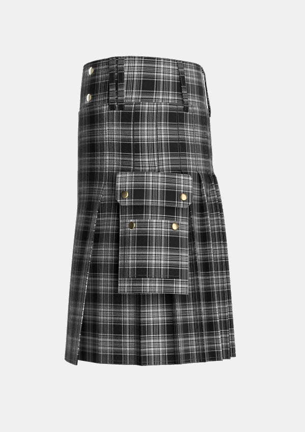 Utility_Stewart_Mourning_3_Tartan_1247_kilt_left_image_with_pleated_design_and_adjustable_buckles_for_men