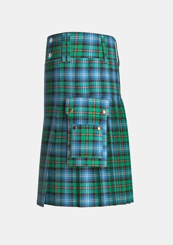 Utility_Urquhart_Ancient_Tartan_kilt_left_image_with_pleated_design_and_adjustable_buckles_for_men