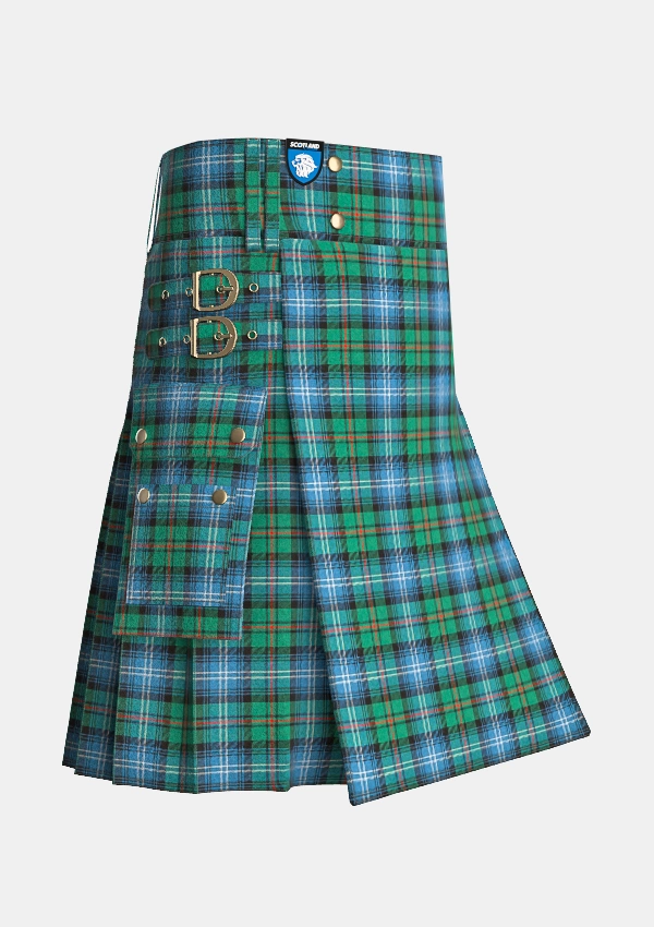 Utility_Urquhart_Ancient_Tartan_kilt_side_image_with_pleated_design_and_adjustable_buckles_for_men