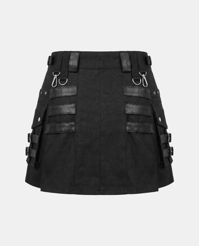 Women Black Gothic Fashion Utility Kilt Back