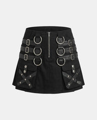 Women Black Gothic Fashion Utility Kilt Front