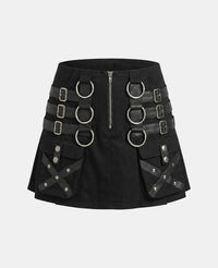Women Black Gothic Fashion Utility Kilt Front