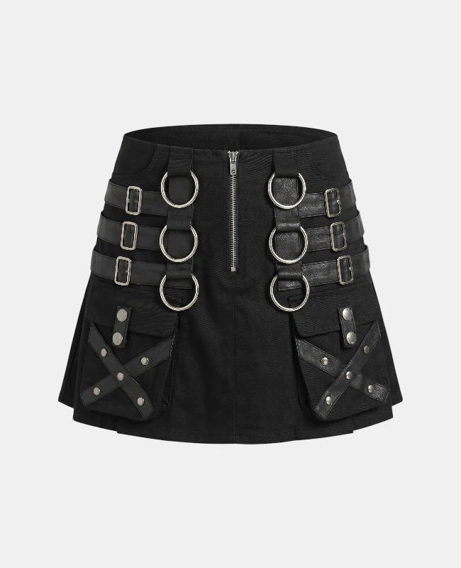 Women Black Gothic Fashion Utility Kilt Front