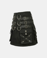 Women Black Gothic Fashion Utility Kilt Left Side