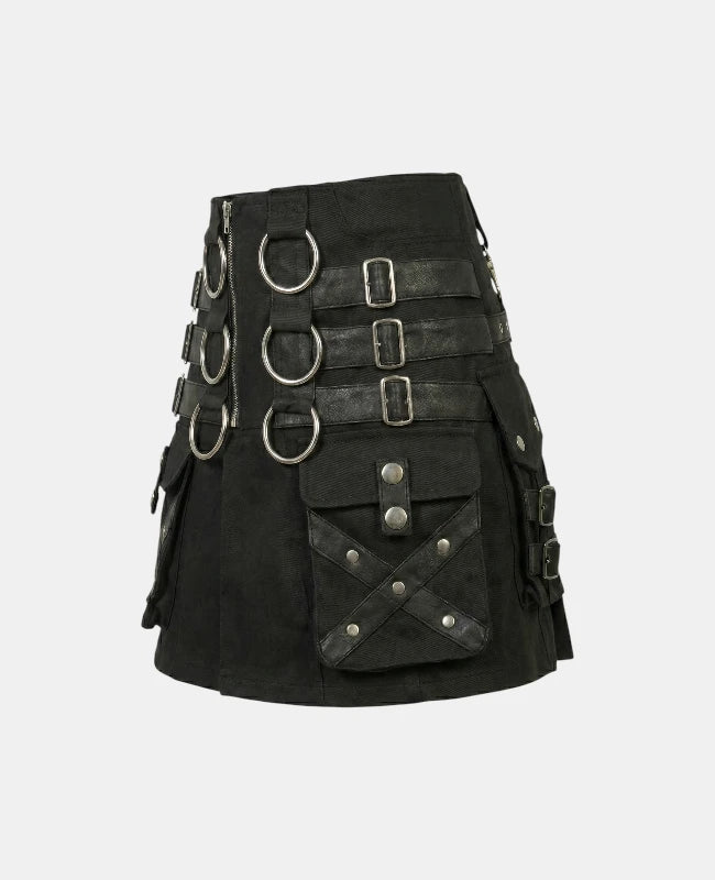 Women Black Gothic Fashion Utility Kilt Left Side