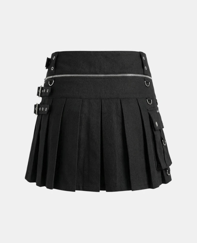 Women Black Gothic Utility Kilt Back