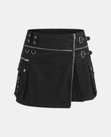Women Black Gothic Utility Kilt Front 