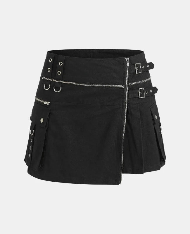 Women Black Gothic Utility Kilt Front 