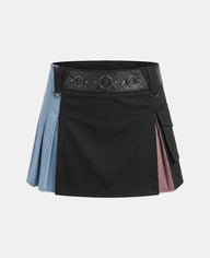 Women Black Multi-Color Pleated Rainbow Kilt Front