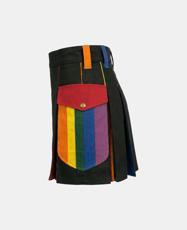 Women Black Rainbow Kilt with Red & Blue Pleats Left Side