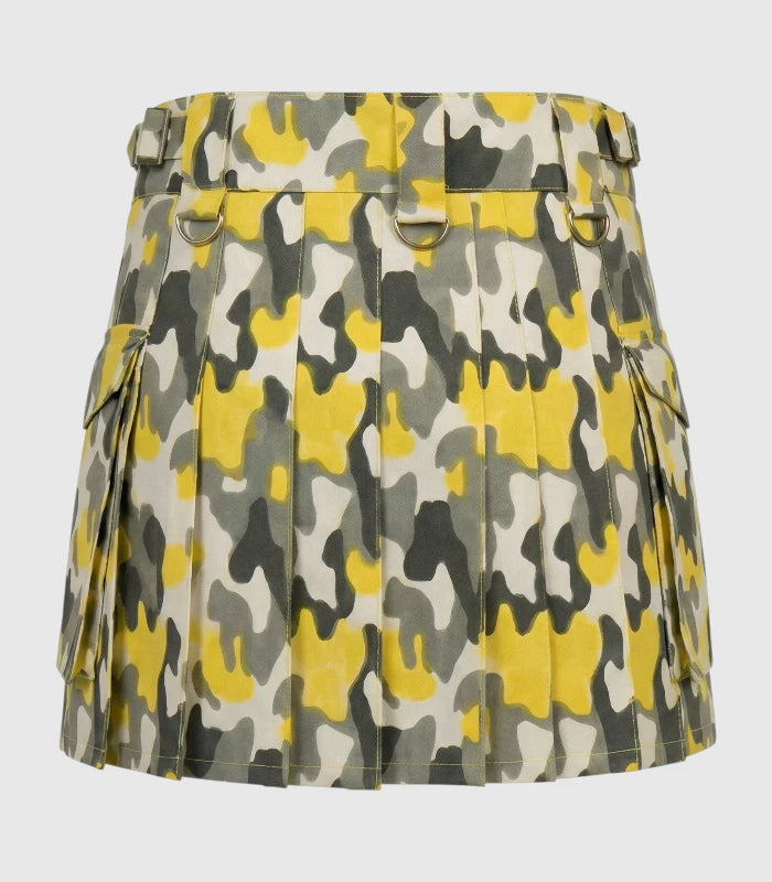 Camouflage-patterned skirt with yellow and gray colors on a white background