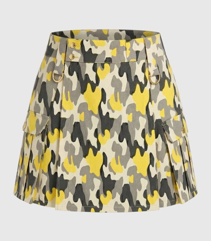 Camouflage-patterned skirt with yellow and gray design on a light gray background