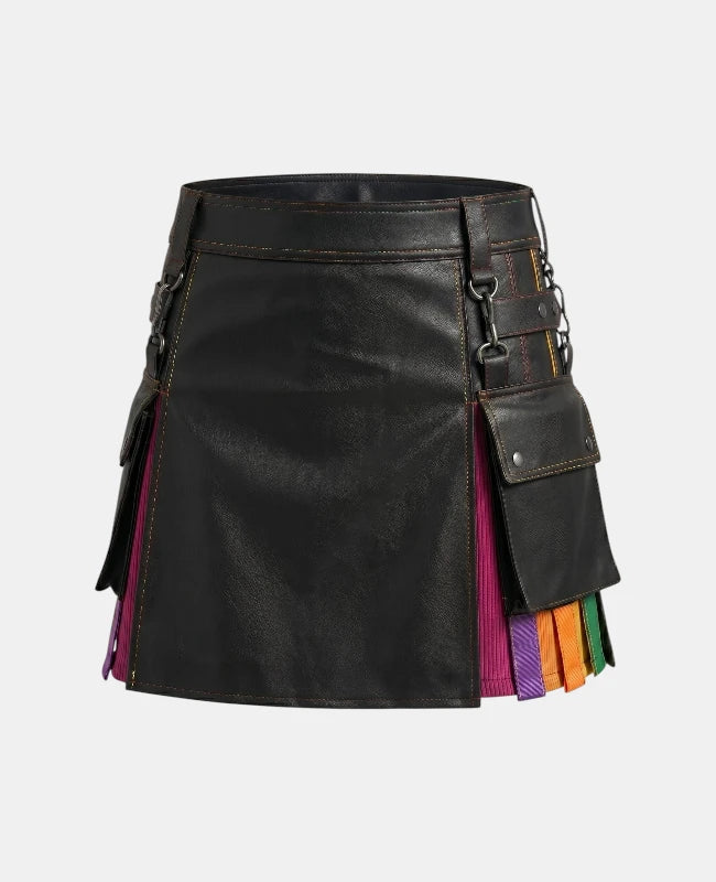 Women Red Pleats Rainbow Kilt Left Side